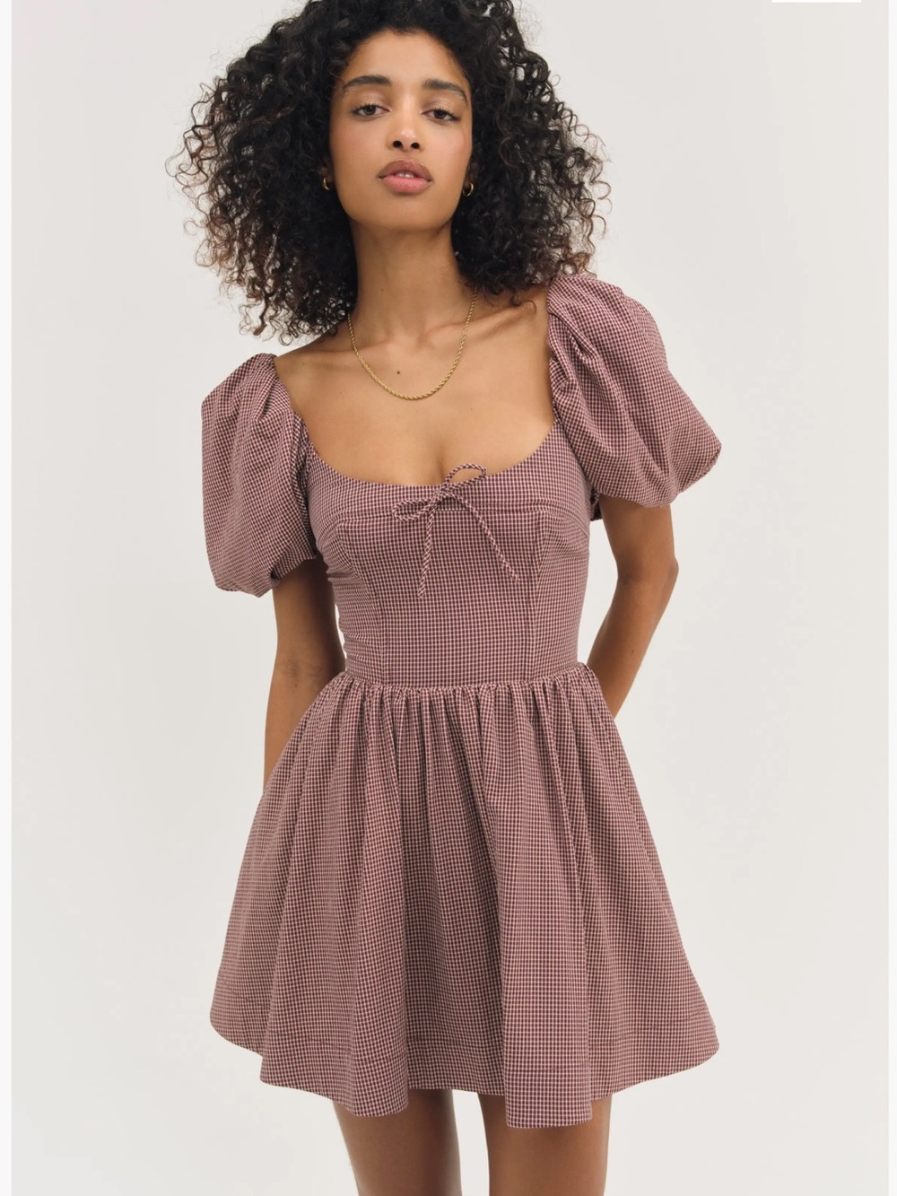 NWT For Love & Lemons Florence Puff-Sleeve Gingham Plaid Mini Dress